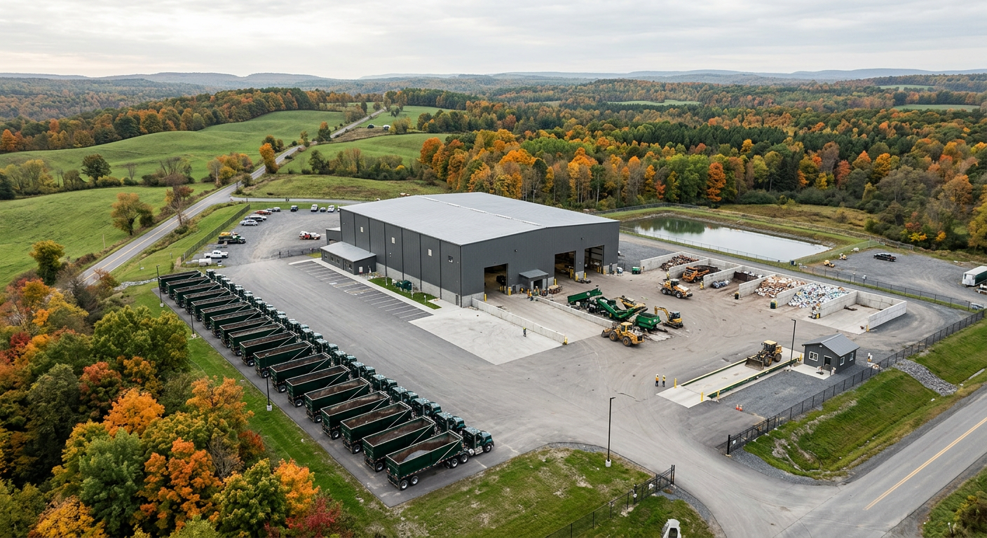 Aerial view of a regional transfer station with bulk trailers staged for transport